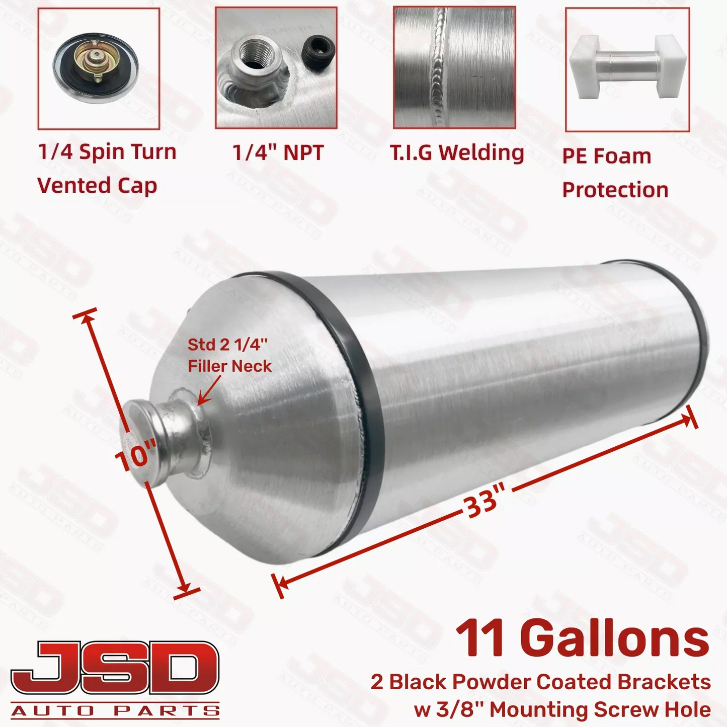 M622 JSD Aluminum Spun Fuel Tank 10x33 Vertical Fill 11 Gallon 1/4'' NPT